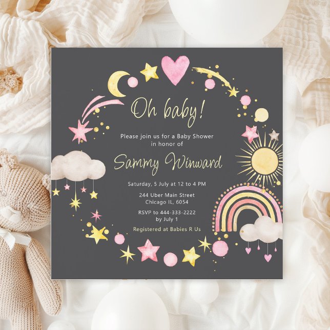 Invitación Boho Rainbow Clouds Pink Baby Shower (Subido por el creador)
