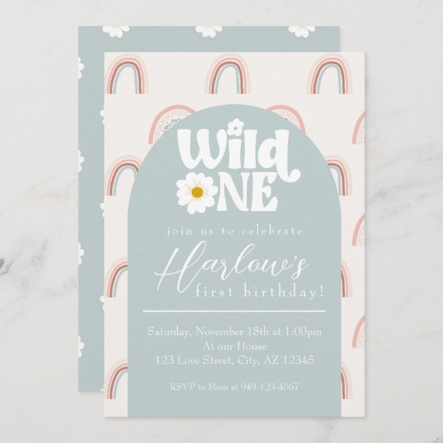 Invitación Boho Rainbow Daisy Wild One Chica primer cumpleaño (Anverso / Reverso)