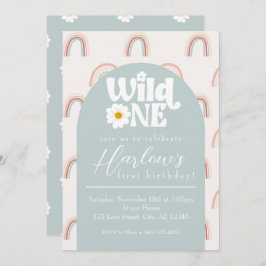 Invitación Boho Rainbow Daisy Wild One Chica primer cumpleaño