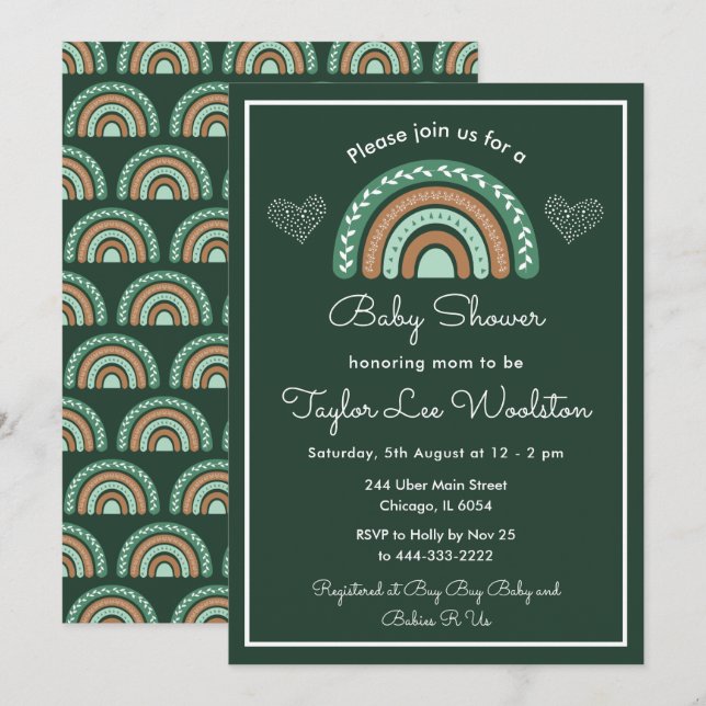 Invitación Boho Rainbow Green y Baby Shower Brown (Anverso / Reverso)