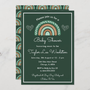 Invitación Boho Rainbow Green y Baby Shower Brown