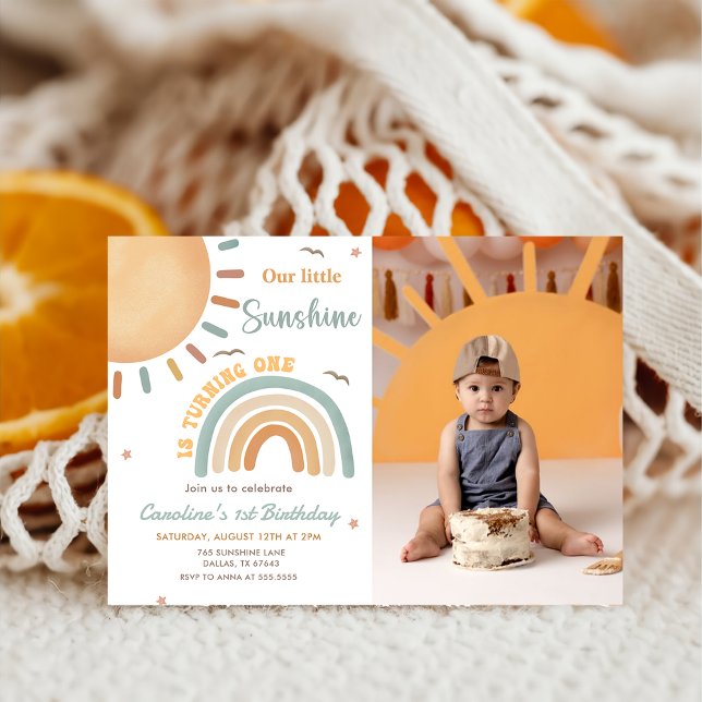 Invitación Boho Rainbow Little Sunshine foto de primer cumple (Subido por el creador)