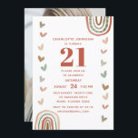 Invitación Boho Rainbow Modern 21st Birthday Fiesta<br><div class="desc">La Moda Boho Terracotta Rainbow Modern 21st Birthday Party Invitation te ofrece la información moderna de tu fiesta de 21 años en un arcoiris y marco cardíaco terracota y tu foto favorita al revés. Es perfecto para invitar a familiares y amigos a su celebración. Easy DIY (hágalo usted mismo) editando...</div>