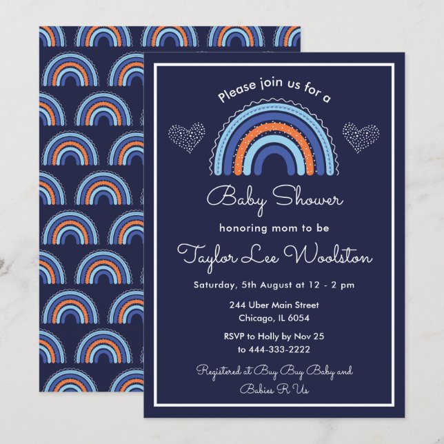 Invitación Boho Rainbow Navy Blue Baby Shower (Anverso / Reverso)