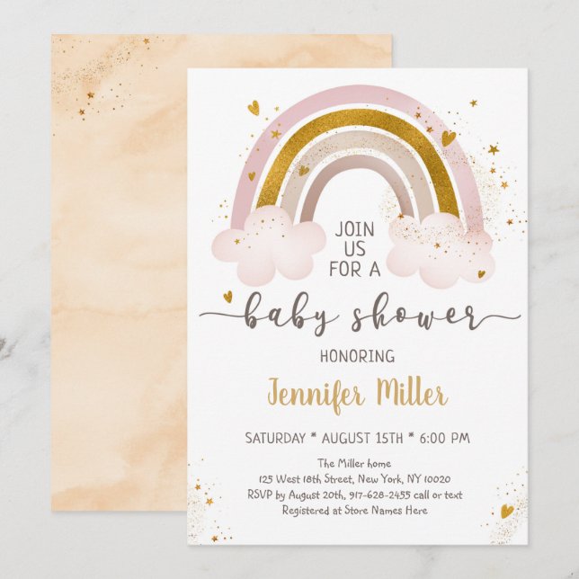 Invitación Boho Rainbow Neutral Gold Baby Shower (Anverso / Reverso)