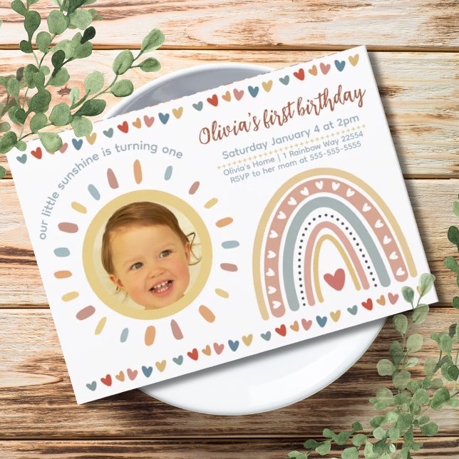 Invitación Boho Rainbow | Pequeña foto de cumpleaños de Sunsh (Boho Rainbow | Little Sunshine Birthday Photo Invitation)