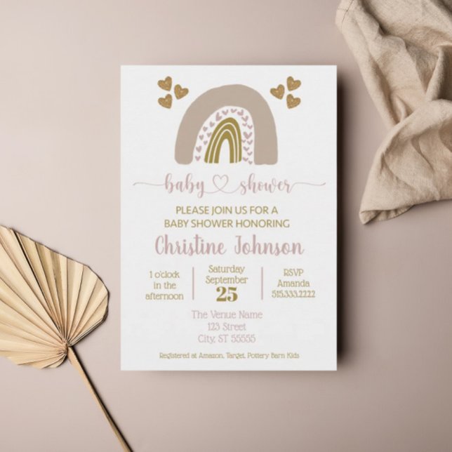 Invitación Boho Rainbow Pink Gold Heart Baby Shower (Subido por el creador)