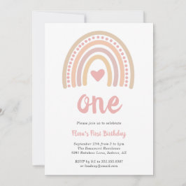 Invitación Boho Rainbow Pink Heart Chica Cute primer cumpleañ