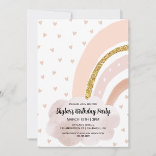 Invitación Boho Rainbow Pink y Gold Birday