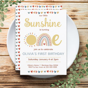 Invitación Boho Rainbow Primer cumpleaños de Little Sunshin