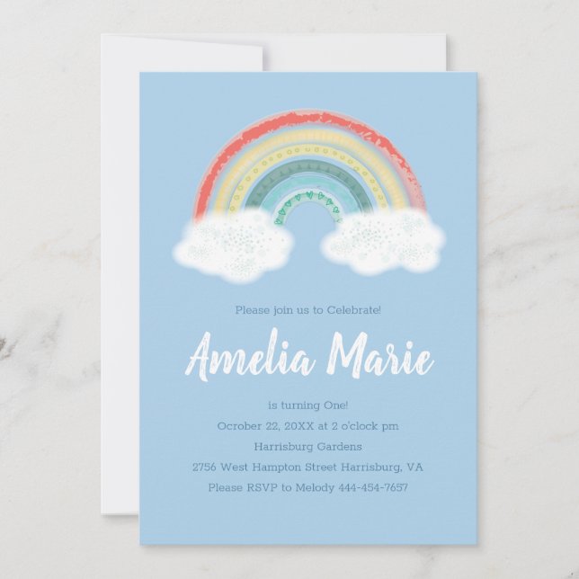 Invitación Boho Rainbow Primer cumpleaños Fiesta Blue Boy Kid (Anverso)