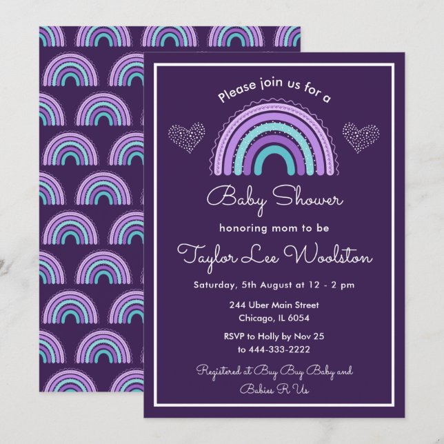 Invitación Boho Rainbow Purple y Turquoise Blue Baby Shower (Anverso / Reverso)