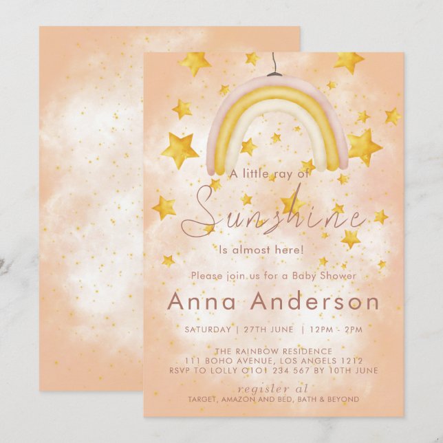 Invitación Boho Rainbow Sunshine Gold Stars Dusty Baby Shower (Anverso / Reverso)