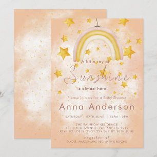 Invitación Boho Rainbow Sunshine Gold Stars Dusty Baby Shower