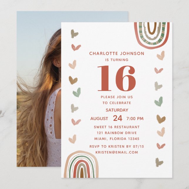 Invitación Boho Rainbow Sweet 16 fiesta de cumpleaños moderna (Anverso / Reverso)