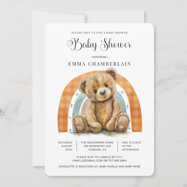 Invitación Boho Rainbow Teddy Bear Baby Shower (Anverso)
