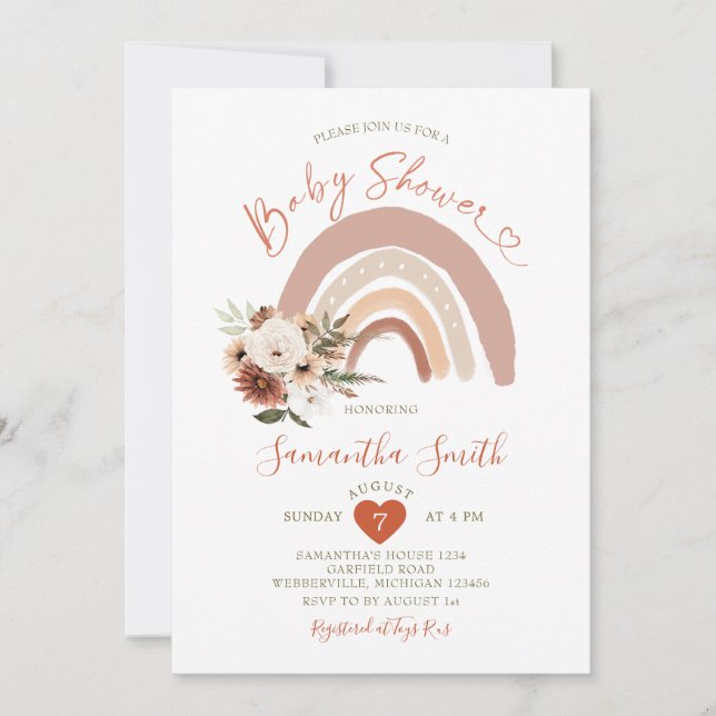 Invitación Boho Rainbow Terracota Floral Baby Shower (Anverso)