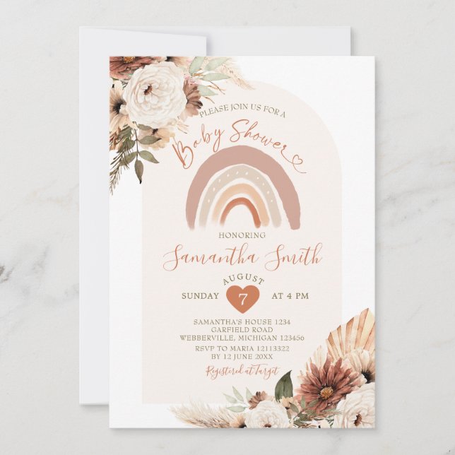 Invitación Boho Rainbow Terracota White Floral Baby Shower (Anverso)