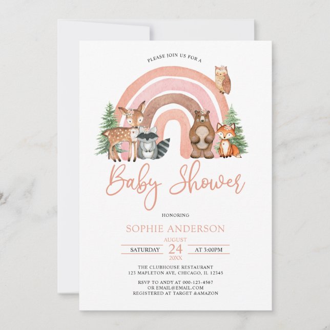 Invitación Boho Rainbow Y Woodland Animals Baby Shower (Anverso)