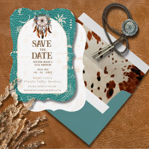 Invitación Boho Ranch Boda de cuero turquesa Guardar la fecha