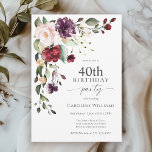 Invitación Boho Red and Purple Floral 40th Birthday Fiesta<br><div class="desc">Celebre su 40 cumpleaños con un hermoso estilo boho con esta atractiva invitación a la fiesta de cumpleaños floral de acuarela. El hotel cuenta con un bonito ramo floral en el que se combinan el rojo burdeos, el rosa rubio, el violeta de ciruela y el melocotón con vegetación frondosa. Es...</div>