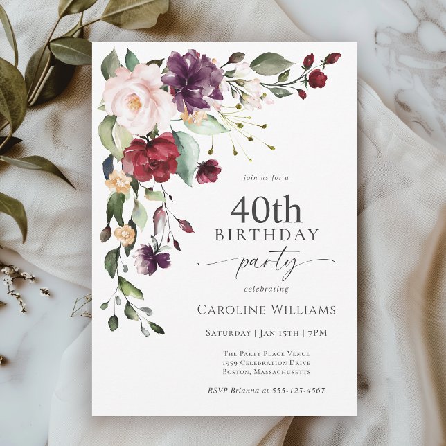 Invitación Boho Red and Purple Floral 40th Birthday Fiesta (Available in both printed and instant download digital formats.)
