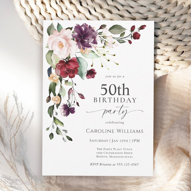 Invitación Boho Red and Purple Floral 50 cumpleaños (Available in both printed and instant download digital formats.)