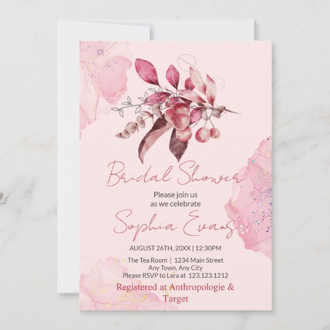 Invitación Boho Red Berries & Greenering Pink Bridal Shower (Anverso)
