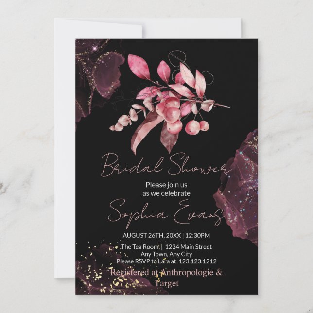 Invitación Boho Red Berries & Greenery Black Bridal Shower (Anverso)