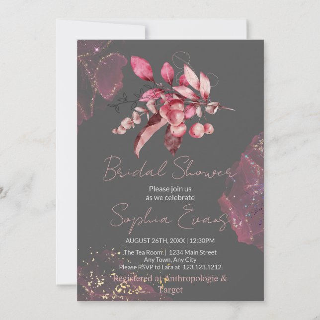 Invitación Boho Red Berries & Greenery Gray Bridal Shower (Anverso)
