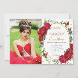 Invitación Boho Red Peonies Floral Butterflies Quinceañera