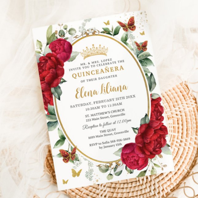 Invitación Boho Red Peonies Floral Butterflies Quinceañera (Subido por el creador)