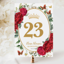 Invitación Boho Red Peonies Floral Quinceanera Table Number