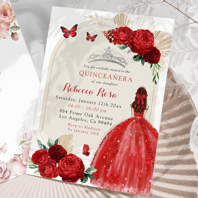 Invitación Boho Red Roses Princesa Real Quinceañera (Subido por el creador)