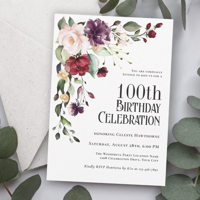 Invitación Boho Red, Rubor y Purple 100th Birthday Party (An elegant choice in invitations for celebrating a 100th Birthday in style!)