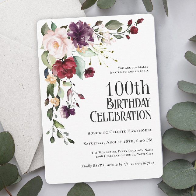 Invitación Boho Red, Rubor y Purple 100th Birthday Party (Subido por el creador)