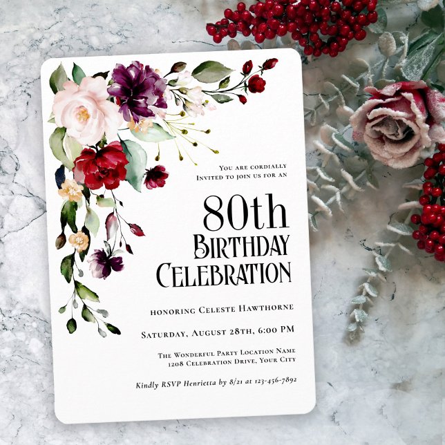 Invitación Boho Red Rubor y Purple 80th Birthday Party (Subido por el creador)