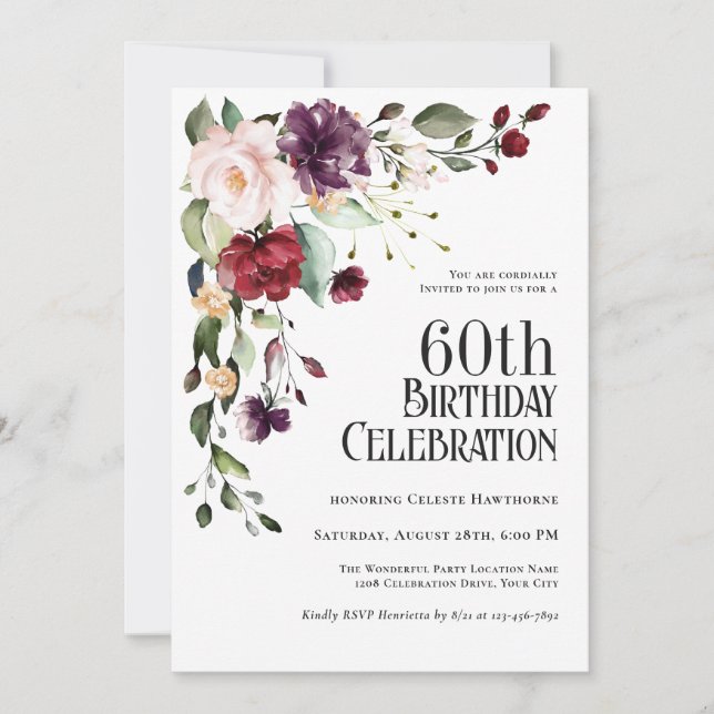 Invitación Boho Red Rubor y Purple Floral 60 cumpleaños (Anverso)