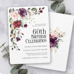 Invitación Boho Red Rubor y Purple Floral 60 cumpleaños