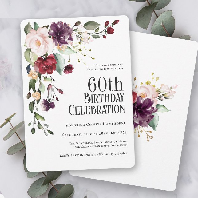 Invitación Boho Red Rubor y Purple Floral 60 cumpleaños (Subido por el creador)