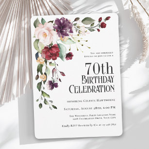 Invitación Boho Red, Rubor y Purple Floral 70 cumpleaños