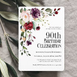 Invitación Boho Red Rubor y Purple Floral 90 cumpleaños<br><div class="desc">Celebra un cumpleaños número 90 con un hermoso estilo boho con esta invitación única a la fiesta de cumpleaños floral de acuarela. El hotel cuenta con un bonito ramo floral en el que se combinan el rojo burdeos, el rosa rubio, el violeta de ciruela y el melocotón con una suntuosa...</div>