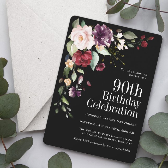 Invitación Boho Red Rubor y Purple Floral 90 cumpleaños (Available as printed invitations or paperless digital download!)