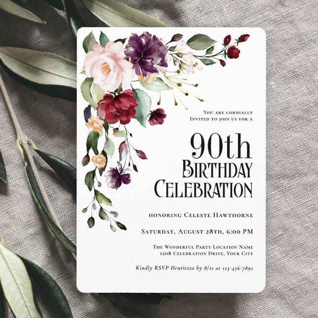Invitación Boho Red Rubor y Purple Floral 90 cumpleaños (Subido por el creador)