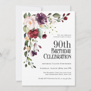 Invitación Boho Red Rubor y Purple Floral 90 cumpleaños
