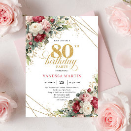 Invitación Boho Red White Greenery 80th Birthday Invite