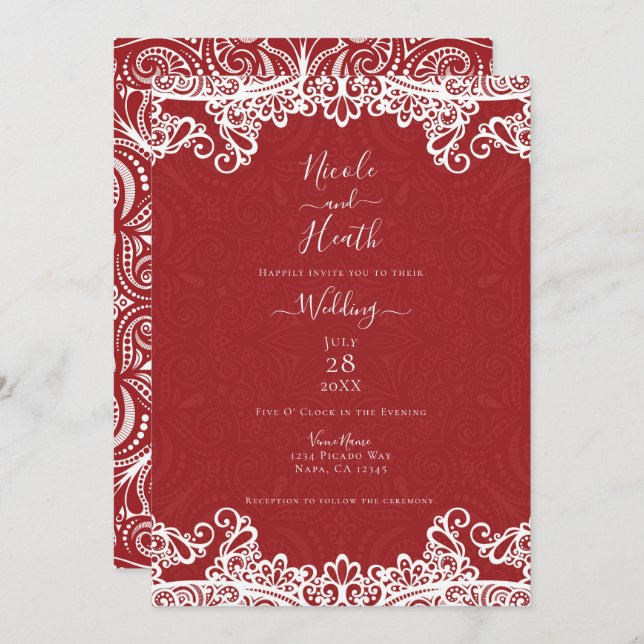 Invitación Boho Red & White Lace Boda de patrón negrita (Anverso / Reverso)