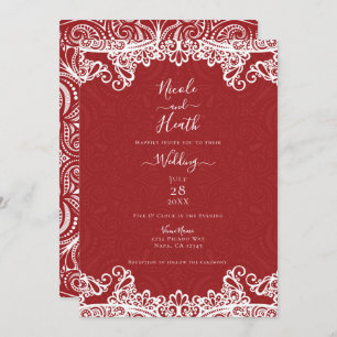 Invitación Boho Red & White Lace Boda de patrón negrita