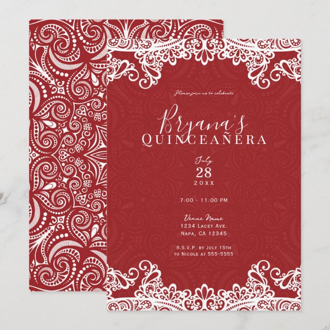 Invitación Boho Red White Lace Negrita 15 15 Quinceañera Fies (Anverso / Reverso)