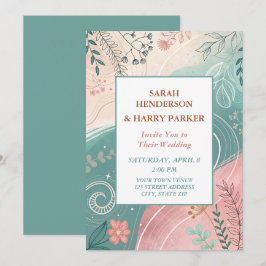 Invitación Boho Resumen Boda floral Verde azulado